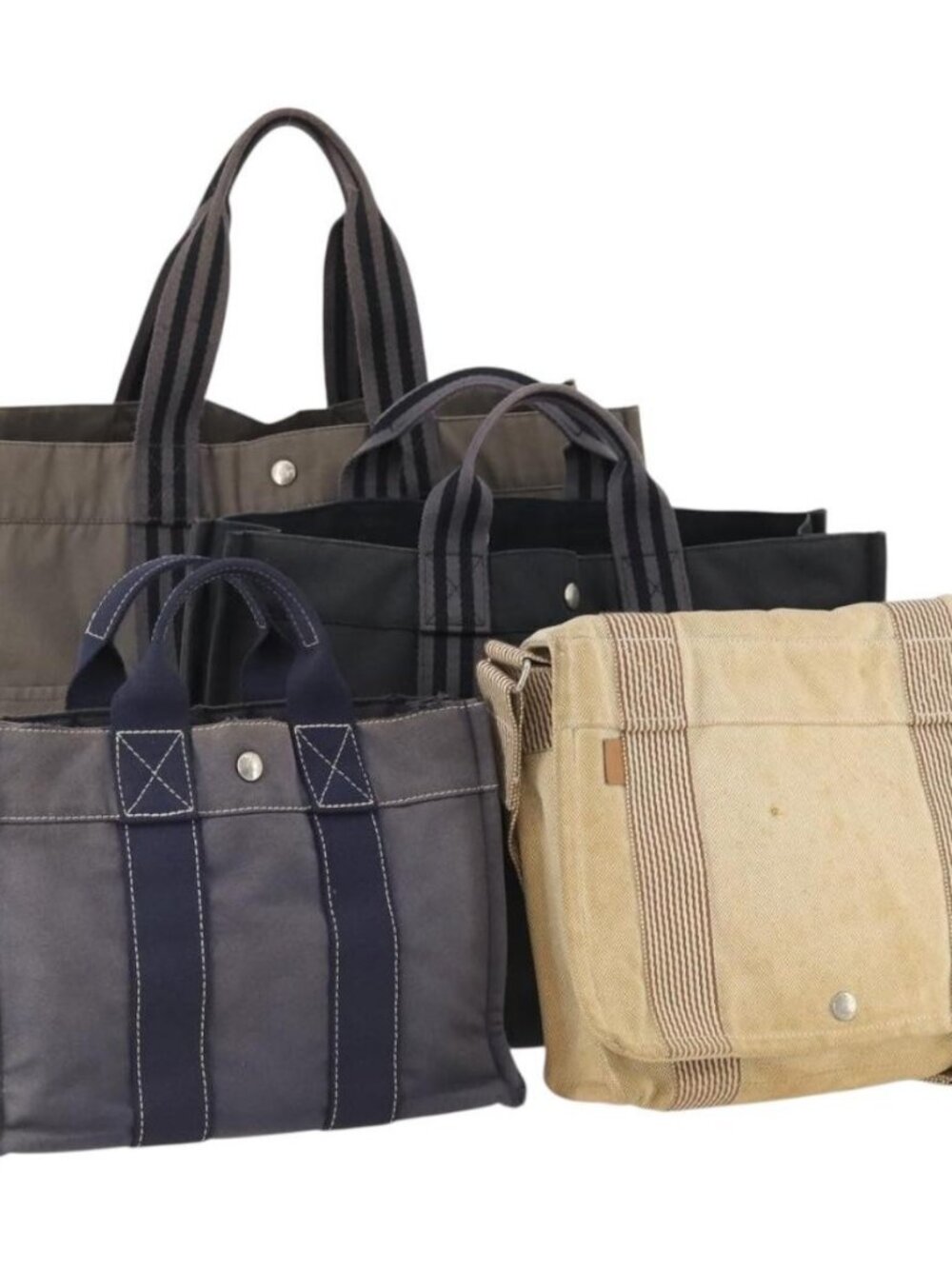 HERMES Hand Bag Canvas 4 Set Navy Black beige Auth 155798